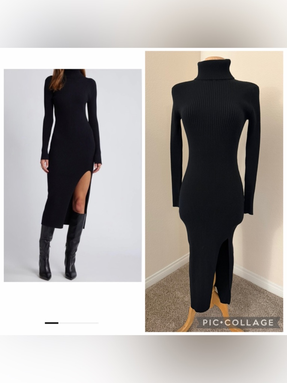Black Ribbed Knit Midi Dress Turtleneck Side Slit Fitted S Open Edit